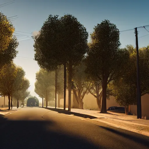 Image similar to neighborhood street, golden hour, golden sunshine, trees over road, shining sun in distance, trees, juniper trees, oak trees, cars parked in street, long street, distance, cel - shaded, raytracing, cel - shading, toon - shading, unreal engine 5