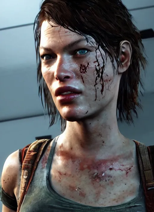 Prompt: mila jovovich in the last of us, gameplay screenshot, close up, 3 d rendering. unreal engine. amazing likeness. very detailed.