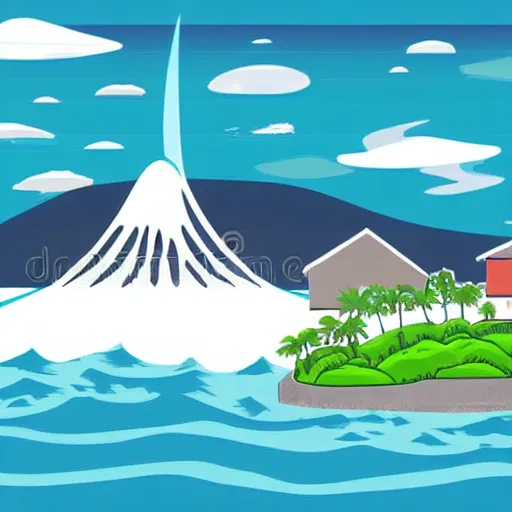 Image similar to giant tsunami wave that is 20 miles high, approaching about to crash into a small coastal town. miniature buildings compared to giant waves are so tall, they seem to touch the sky, large scale image, cartoon color drawing vector illustration, 2d photorealistic flat anime style