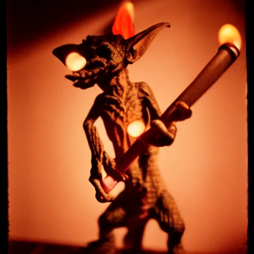 Image similar to a close up portrait of a goblin playing the flute, fireplace lighting, nighttime, kodak vision 5 0 0 t