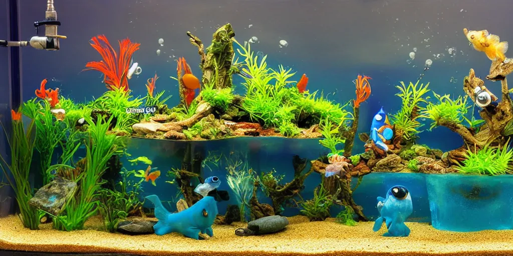 Image similar to fish tank in hospital waiting room. newt. plasticine model in water. figures clay. tilt shift. clay figure. surreal. tropical fish tank with sand. strange. weird. astrix and obelisk. bubbles form pump. tintin. hands. tank. wallace and gromit. siamese fighting fish. aquatic photography. photorealistic. waiting room