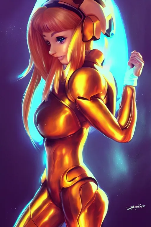 Image similar to Ariana Grande cosplaying as Samus Aran, golden hour, by greg Rutkowksi, by artgerm