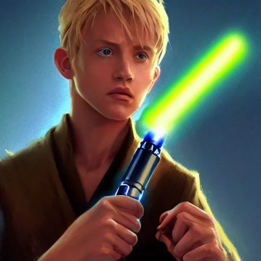 Image similar to Over-the-Shoulder Shot !dream full body Over-the-Shoulder Shot of a young blonde male jedi with short hair with his blue lightsaber is ignited illuminating him and the scene, concept art by Doug Chiang cinematic concept art, realistic painting, high definition, digital art, matte painting, symmetrical, very detailed, realistic, dramatic lighting, cinematic, establishing shot, extremely high detail, photo realistic, cinematic lighting, post processed, concept art, artstation, matte painting, red color scheme, the Mandalorian concept art style