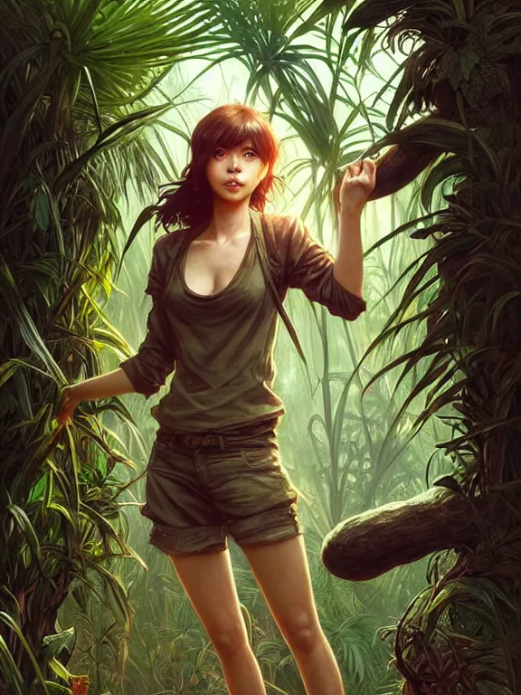 Image similar to full body picture of a female traveler lost in jungle maze, tired, beautiful and aesthetic, intricate, unreal engine, messy hair, highly detailed, detailed face, smooth, sharp focus, chiaroscuro, manga illustration, artgerm, greg rutkowski, ilya kuvshinov, rossdraws, alphonse mucha, young adult light novel cover art