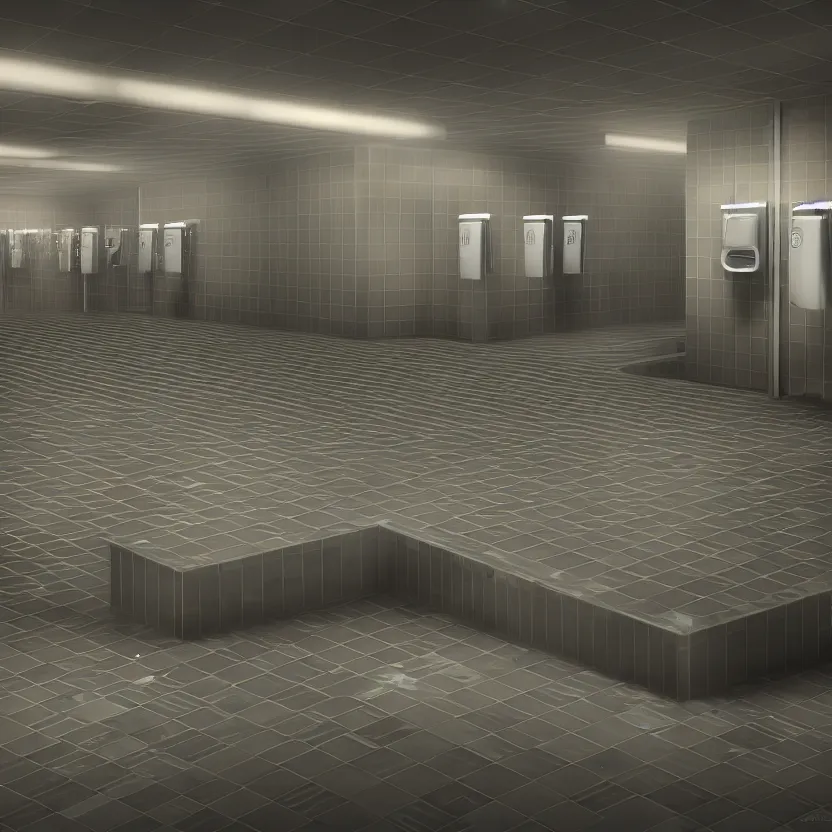 Image similar to an infinite public restroom with endless stalls and endless sinks fading into the distance, lots of people, showers, lights, tile, cinematic lighting, volumetric lighting, award winning photography, highly detailed, intricate, sharp focus, 4 k wallpaper, unreal engine, 9 0 mm, f / 1. 4