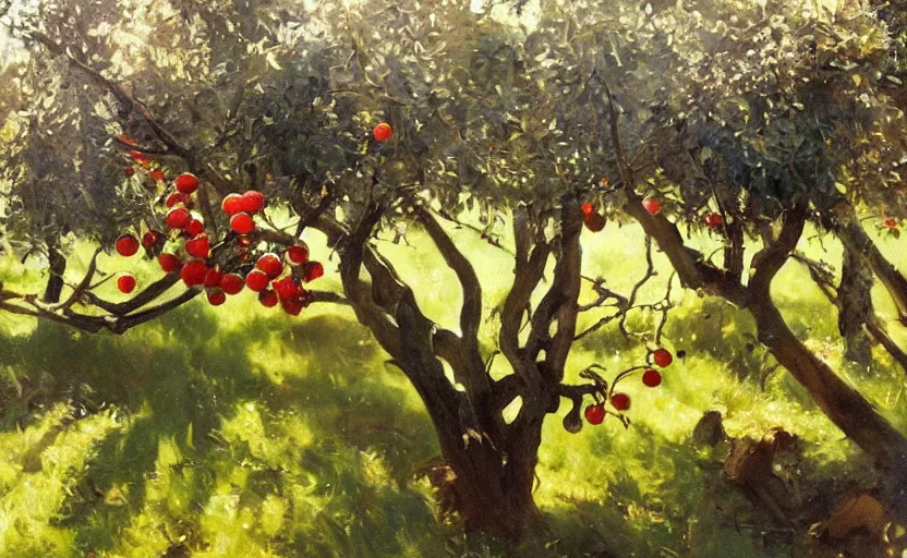 Prompt: oil painting lanscape by anders zorn, nature, fruit trees, very very very very beautiful art, dramatic light, complex robitics closeup, motorized robot