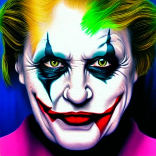 Prompt: angela merkel is the joker, airbrush art, drew struzan illustration art, key art, portrait