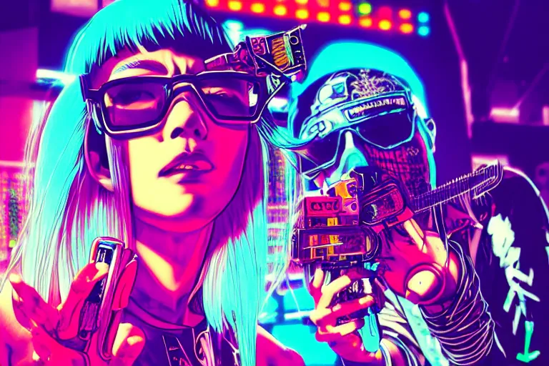 Image similar to pop art of a punk at a japanese metal concert in a cyberpunk world, bright neon colors, intricate details, complementary colors, detailed face, backlighting, octane render, depth of field, extremely detailed, trending in artstation, focus on face, sharp focus, radiant light, beautiful composition