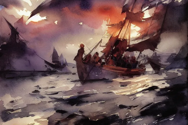 Image similar to small centered on watercolor paper, paint brush strokes, abstract watercolor painting of romantic voyage, cinematic light, national romanticism by anders zorn, by hans dahl, by jesper ejsing, by greg rutkowski, by greg manchess, by tyler edlin, by craig mullins