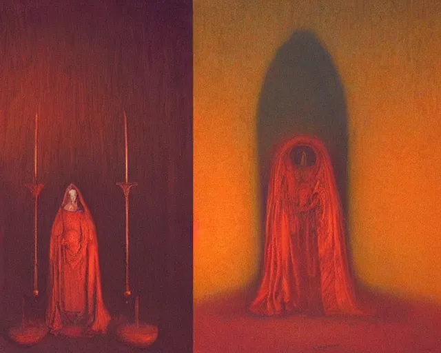 Image similar to by francis bacon, beksinski, mystical redscale photography evocative. devotion to the scarlet woman in her cathedral, priestess in a conical hat, coronation, ritual, sacrament, lamprey