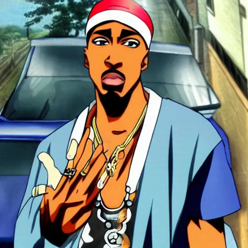 Image similar to Tupac Shakur, screenshot from a 2012s anime