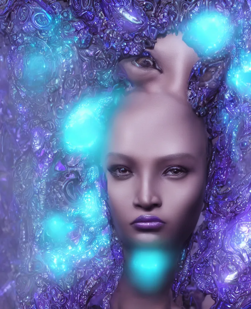 Prompt: beautiful, elegant, blue alien female, large eyes, cute neotenous face, box braids, specular reflections, eye tattoo, portrait, synthetic full bodysuit, bulky fish scale armour, intricate details, farscape, cinematic, octane render, subsurface scattering, bloom, shadows, purple glowy background, volumetric lighting