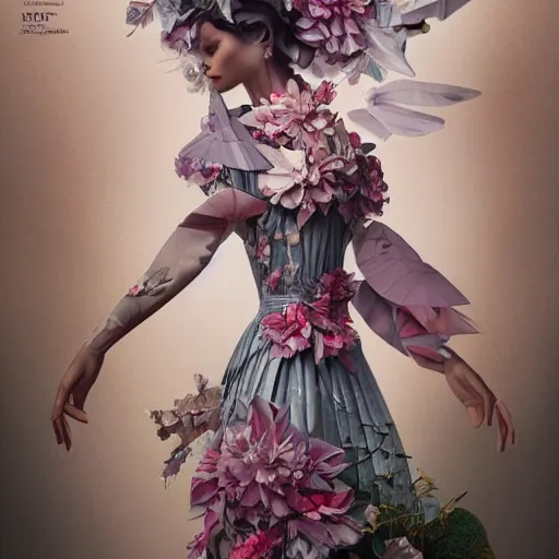 Prompt: 3 / 4 view of a beautiful girl wearing an origami dress, eye - level medium shot, fine floral ornaments in cloth and hair, hummingbirds, elegant, by eiko ishioka, givenchy, tyler edlin, by peter mohrbacher, centered, fresh colors, origami, fashion, detailed illustration, vogue, japanese, reallusion character creator