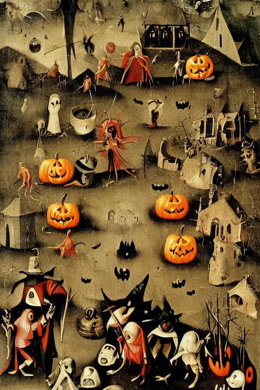 Image similar to Trick-or-treaters during Halloween, painted by Hieronymus Bosch, printed on metal canvas