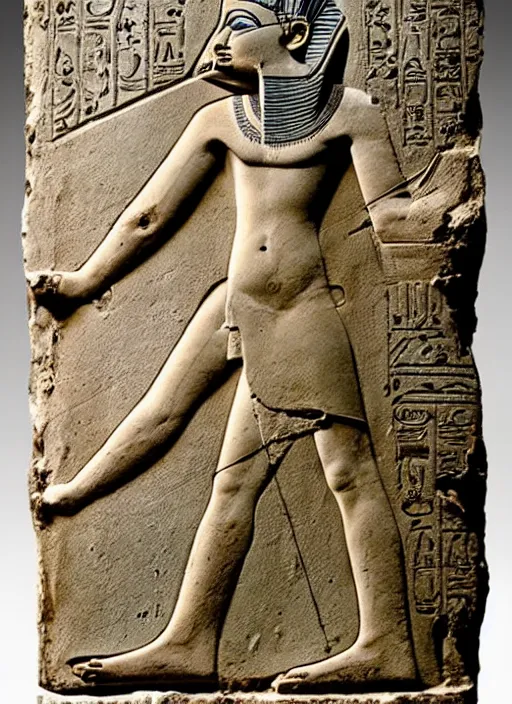 Prompt: a worn out ancient egyptian relief of a man holding a primitive rifle and pointing it at someone,, award winning photo