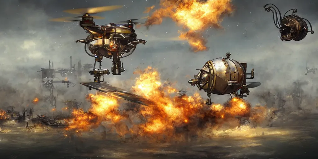 Image similar to steampunk drones and a flying watertank shooting water on fire, digital art, artstation, concept art