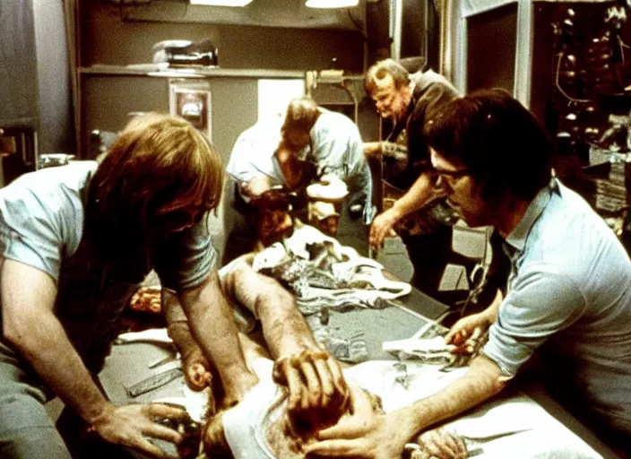 Prompt: 3 5 mm photography of a human monster dissection in the operations room horror film practical fx by david cronenberg ridley scott 1 9 7 0
