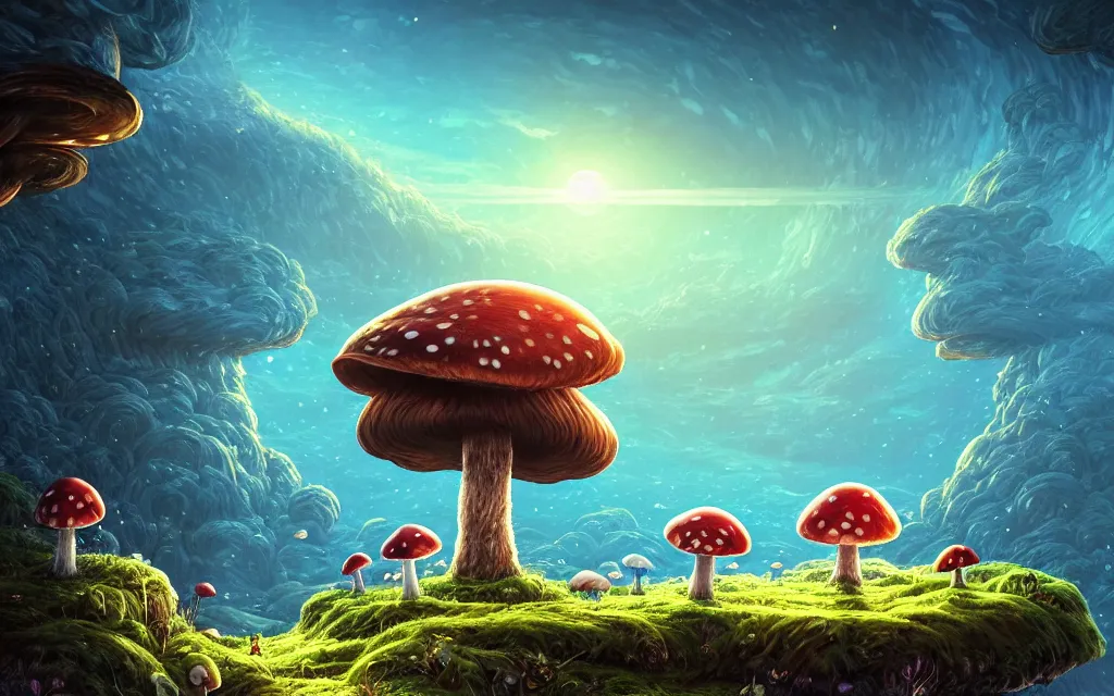 Image similar to the mushroom story house tells the tale of an epic journey, a journey into the mind of the creator. the mushrooms grow on a mountain that is home to lost time. by dan mumford, yusuke murata, makoto shinkai, ross tran, cosmic, heavenly, god rays, intricate detail, cinematic, cel shaded, unreal engine, featured on artstation, pixiv