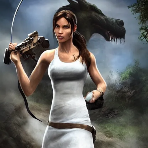 Prompt: Lara croft wearing a wedding dress