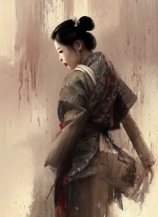 Image similar to female geisha girl, beautiful face, rule of thirds, intricate outfit, spotlight, by greg rutkowski, by jeremy mann, digital painting