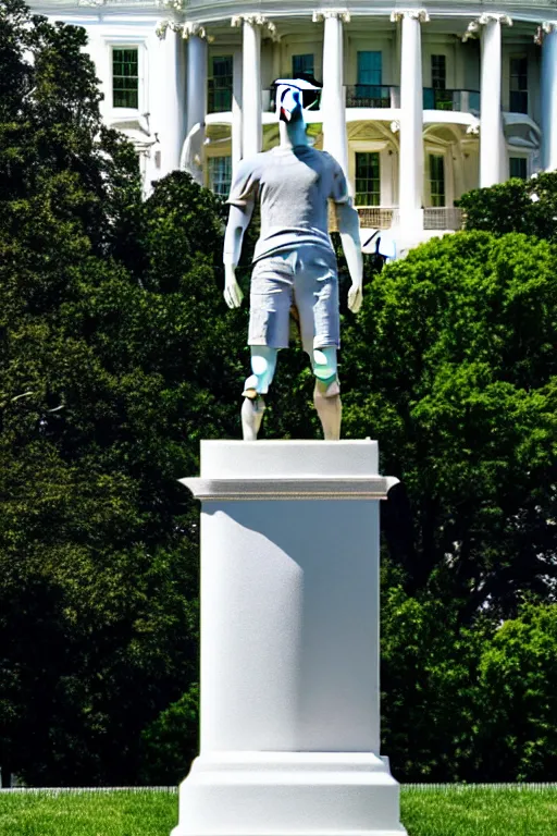 Image similar to A beautiful stone statue of Mark Zuckerberg in front of the White House, photo by Steve McCurry, heroic pose, detailed, smooth, smiling, professional photographer, wearing vr headset,