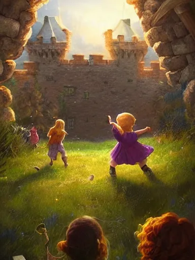 Image similar to children playing inside a meadow in the castle walls. intricate, elegant, highly detailed, digital painting, artstation, concept art, sharp focus, illustration, by justin gerard and artgerm, 8 k