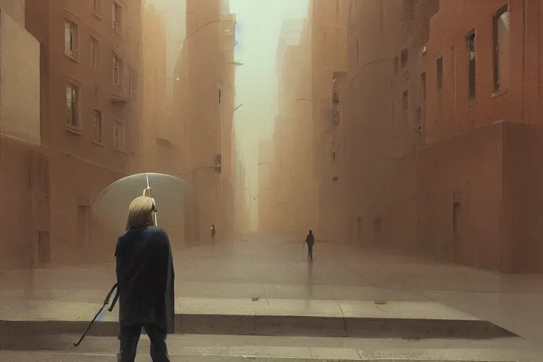 Prompt: a young man walks through the streets of a modern city, [ holding a large red umbrella ]!!, his long blond hair flowing behind him as he goes, back view!!, minimalistic, realistic art style, trending on behance, illustrated by greg rutkowski, zdzisław beksinski, gaston bussiere, max hay