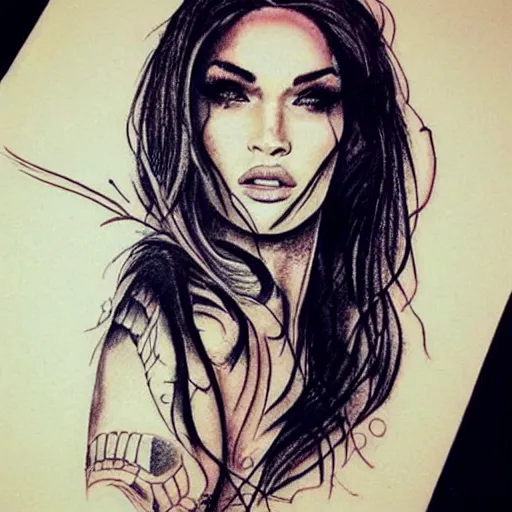 Image similar to tattoo design sketch of megan fox mash up effect with beautiful mountain scenery, in the style of matteo pasqualin, amazing detail