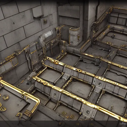 Prompt: 3 d sculpted model of scifi industrial pit with gold elements, right angles, straight edges, wall electronics, many pipes, by moebius, mass effect, starship troopers, elysium, prometheus, the expanse, high tech industrial, artstation unreal, unity, maya, houdini, dramatic cinematic lighting