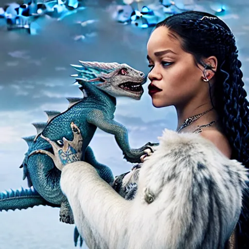 Prompt: rihanna as daenerys targaryen in game of thrones movie kissing a baby dragon, cinematic, photorealistic 8 k