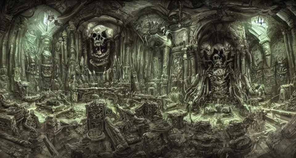 Prompt: a primodrial throne room made of green-gray stone covered in cursed glyphs, immense evil throne, macabre cavrings, bone and fossil theme, skulls on the walls weep glowing poison, wide-angle shot, angled view, fisheye lens, , animation background painting from Thundercats (1985), floor and ceiling visible, villain lair, haunted, ghoulish, macabre, burtonesque, two point perspective, clean scan, artstation trending, 8k