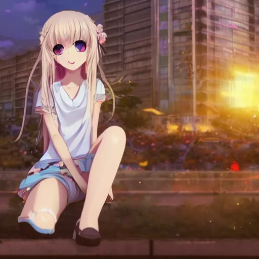 Prompt: a very beautiful anime girl, full body, long wavy blond hair, sky blue eyes, full round face, short smile, cute top, miniskirt, sitting on a miniature city, surround by a miniature crowd, cinematic lighting, medium shot, mid-shot, highly detailed, trending on Artstation, Unreal Engine 4k, cinematic wallpaper by Stanley Artgerm Lau, WLOP, Rossdraws, James Jean, Andrei Riabovitchev, Marc Simonetti, and Sakimichan