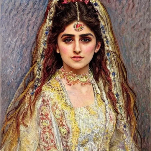 Image similar to full body portrait of a beautiful Kurdish bride wearing a beautiful wedding dress, very detailed eyes, hyperrealistic, beautiful and symmetrical face, very detailed painting by Claude Monet and Alphonse Mucha, ornate, trending on artstation, extremely high detail, incredibly intricate