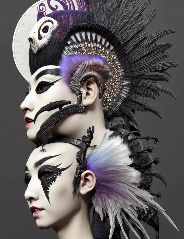 Prompt: 3 d goddess close - up profile portrait punk with mohawk in victorian style with ram skull. beautiful intricately detailed japanese crow kitsune mask and clasical japanese kimono. betta fish, jellyfish phoenix, bio luminescent, plasma, ice, water, wind, creature, artwork by tooth wu and wlop and beeple and greg rutkowski