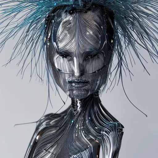 Prompt: hyper realistic woman figure dressed in futuristic dress, with a weird head piece on her head, made of wires, made of feathers, masterpiece, trending on artstation, photograph