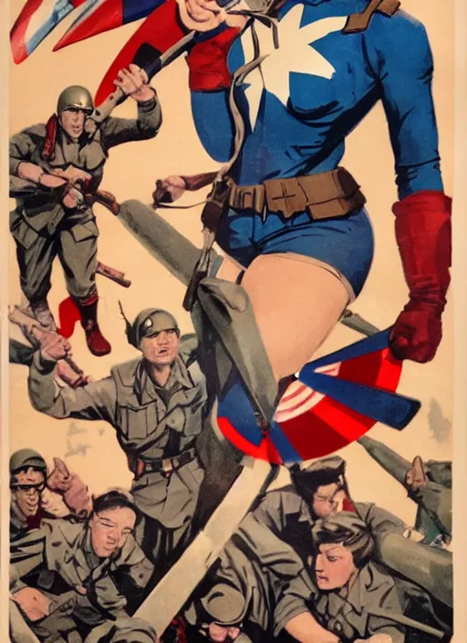 Image similar to beautiful female asian captain america standing on a pile of defeated, beaten and broken german soldiers. feminist captain america wins wwii. american wwii propaganda poster by james gurney. gorgeous face. overwatch