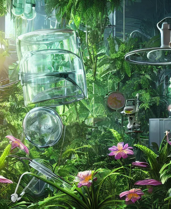 Image similar to intricate transparent clear see - through image of medical equipment, lush botany, overgrown jungle environment, flowers, ultra realistic, concept art, pop art, photorealistic, octane render, 8 k, unreal engine. art by nori inoguchi and sam kaplan and zachary goulko and christopher marley