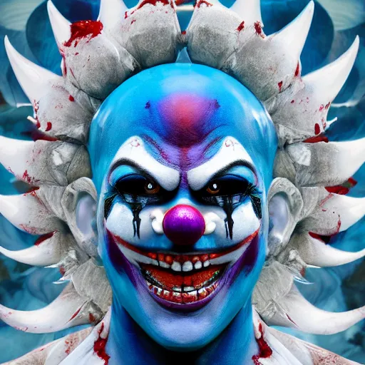 Image similar to 4K headshot of godlike clown with blue skin with defined arms and open hands and bloody clothes with giant mandala wings , white intricate scary clown makeup , flawless anime cel animation by Kentaro Miura, psychedelic , highly detailed upper body , professionally post-processed , beautiful, scary, symmetry accurate features, epic, octane rendered, anime masterpiece, accurate