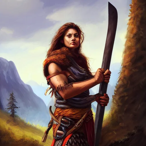 Image similar to a warrior woman in rests an axe on her shoulder, she is grabbing a nearby tree, looking onto the horizon, next to her is a wolf companion, fall, mountain landscape, portrait by magali villeneuve, 4 k, artstation, realistic, magic the gathering