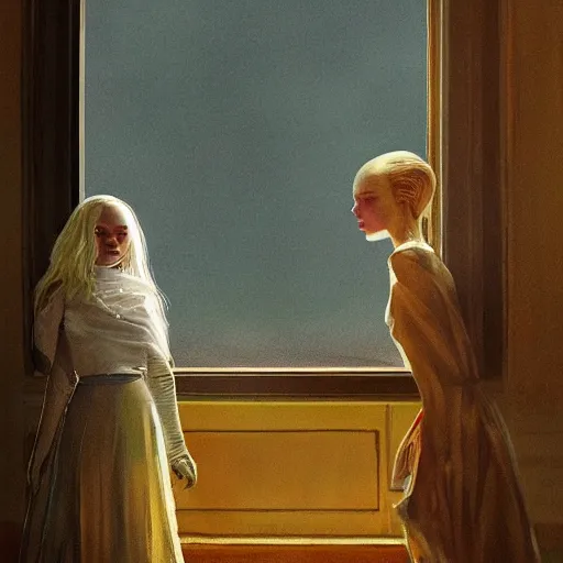 Image similar to Elle Fanning in the painted world of Star Wars, head and shoulders masterpiece, apocalypse, golden hour, cosmic horror, artstation, in the style of Andrew Wyeth and Edward Hopper and Bosch, extremely detailed