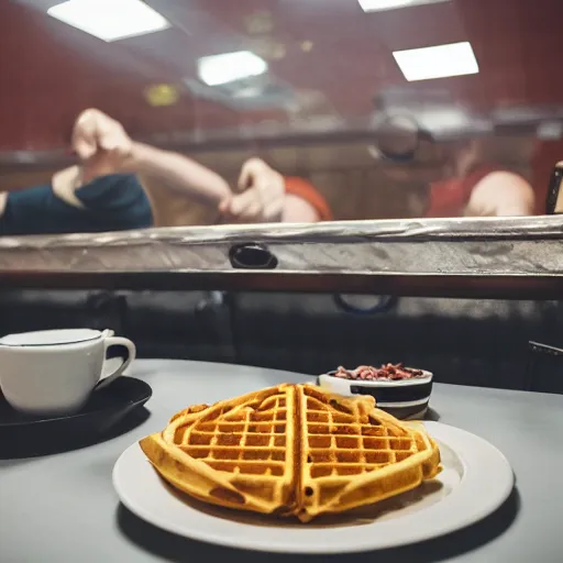 Image similar to first person perspective picture of arms on table, wafflehouse