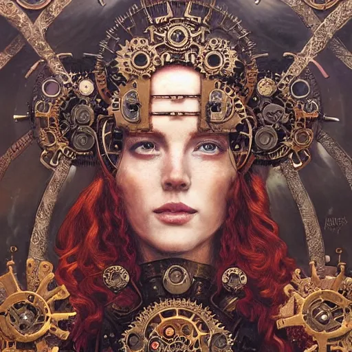 Image similar to A steampunk beautiful goddess, she is redhead, she is embellished with gears wheels and gemstones, by William Holman Hunt, Greg Rutkowski, Stanely Artgerm, Tooth Wu, Peter Gric, Aaron Horkey, trending on Artstation, digital art, mythological, symmetrical artwork, cinematic lighting, hyper realism, high detail, octane render, ultra realistic, golden ratio, 4k, 8k