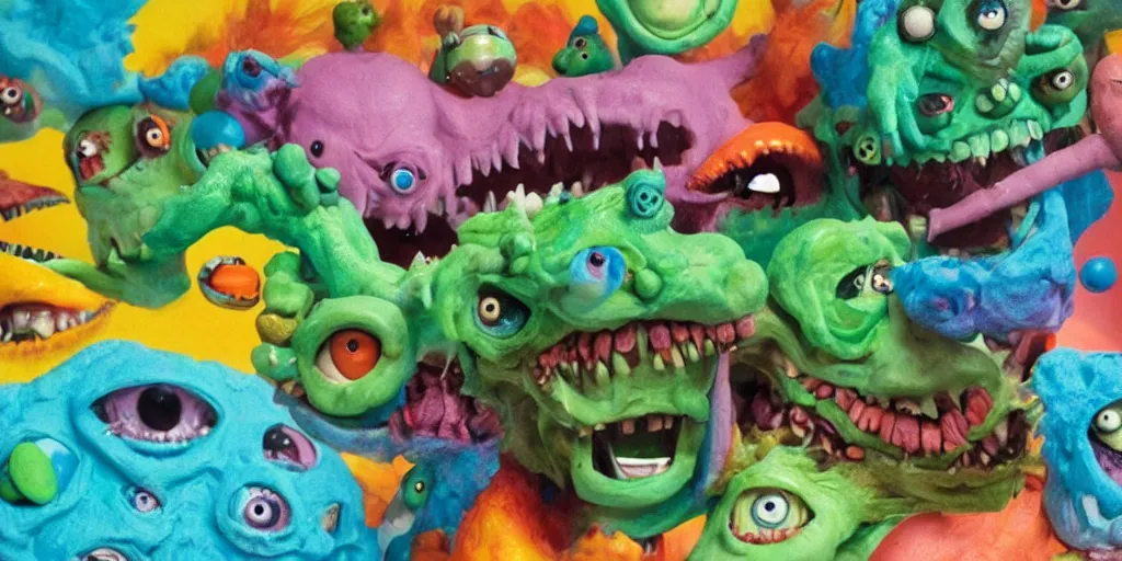 Prompt: giant scary claymation monsters eating eachother and merging into eyeballs and rainbows