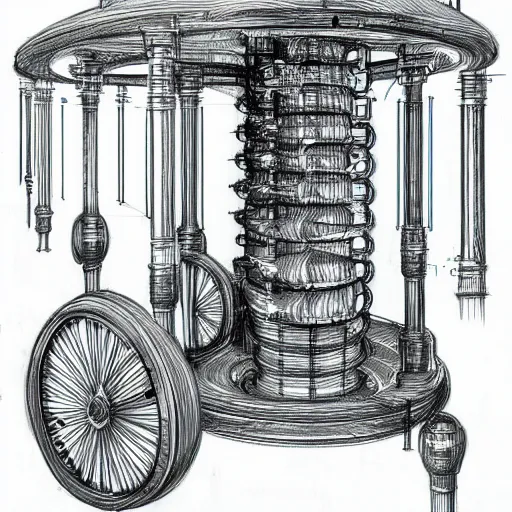 Image similar to hyper realistic sketch of time travel machine blueprints, highly detailed