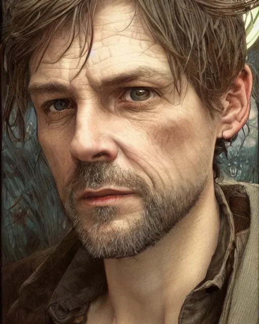 Image similar to portrait of 4 0 - year - old man, with a pale face with premature lines, and light brown hair going grey, wearing in shirt, hyper realistic face, beautiful eyes, fantasy art, in the style of greg rutkowski, intricate, alphonse mucha, hyper detailed, smooth