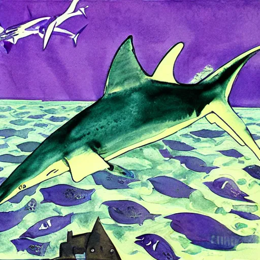 Image similar to watercolor of a purple shark by charles e. burchfield