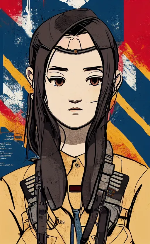 Image similar to T-shirt design, portrait of soldier girl, 2022 anime style, clean logo, graphic templates, flight squadron insignia, vintage saturation, soldier clothing, realistic military gear, inspired by shirt designer, made in blender, round background, vector line art, by ilya kuvshinov, trending on teemill, symbology, realistic human anatomy, high resolution, matte, empty hands, realistic military carrier