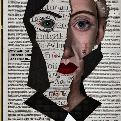 Image similar to newspaper collage, dada, beautiful nordic woman, extremely detailed, sharp, hyperrealistic, 8 k