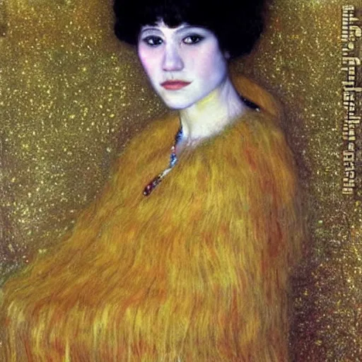 Prompt: incredibly beautiful realistic portrait of a gorgeus young girl by klimt. Young girl long hair. Golden