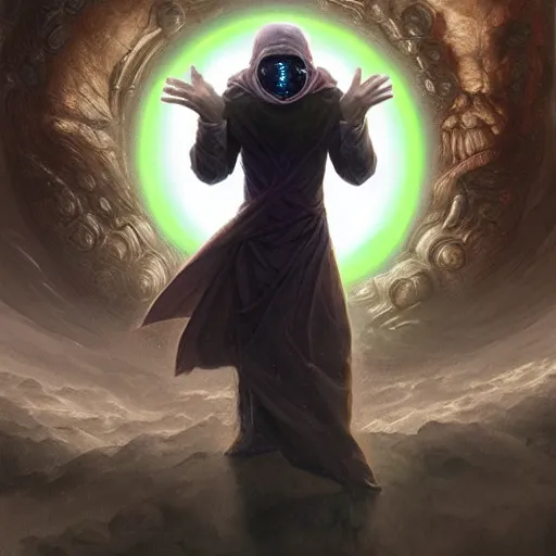 Image similar to rogue male wearing a cloak on an alien world and holding a holographic planet projection in his hand, masked face, detailed, sci - fi, digital painting, artstation, sharp focus, illustration, artgerm, tomasz alen kopera, peter mohrbacher, donato giancola, joseph christian leyendecker, wlop, frank frazetta